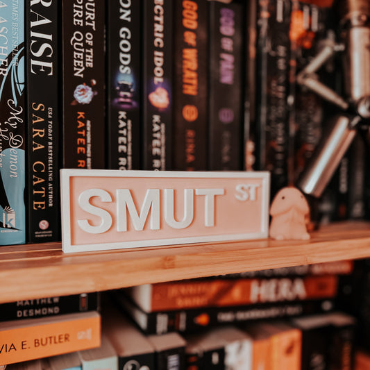 Bookshelf with books and a decorative sign reading 'Smut St'.