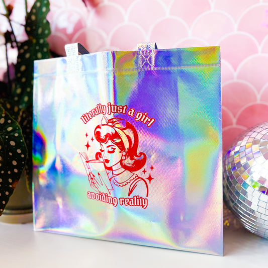 Literally Just A Girl Avoiding Reality • Holographic Tote Bag