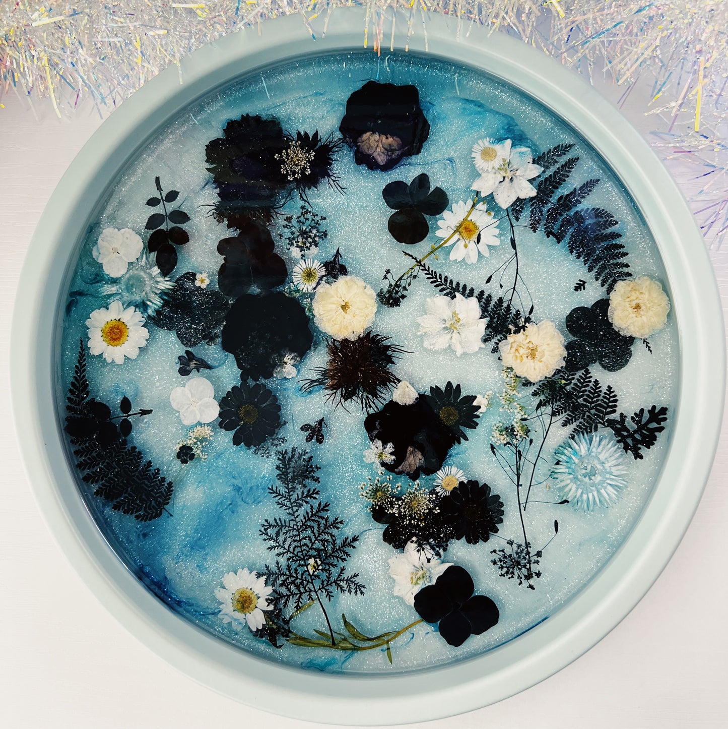 Real Preserved Flower & Resin Side Table (Aqua)