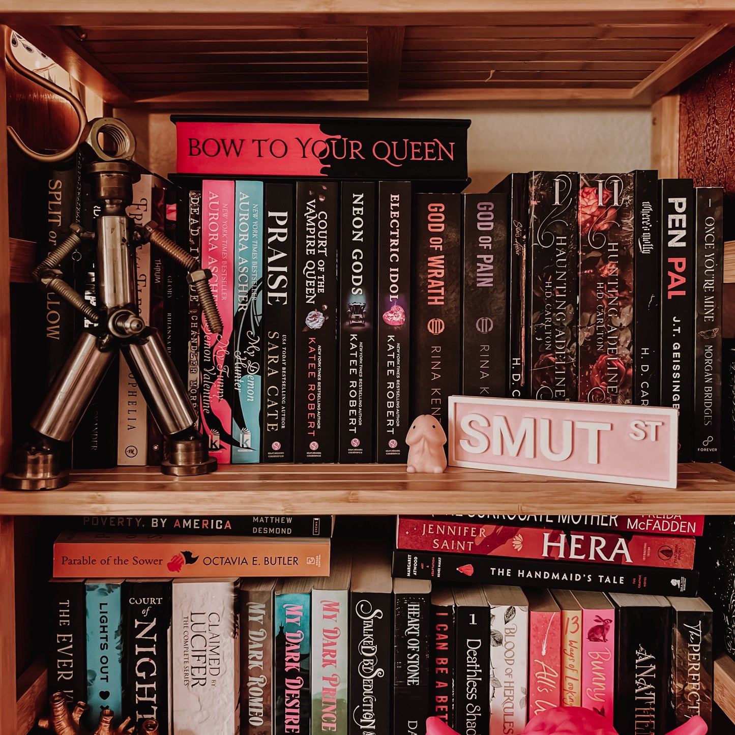 Bookshelf with a variety of books and decorative items, including a small sculpture and a 'Smut St' sign.