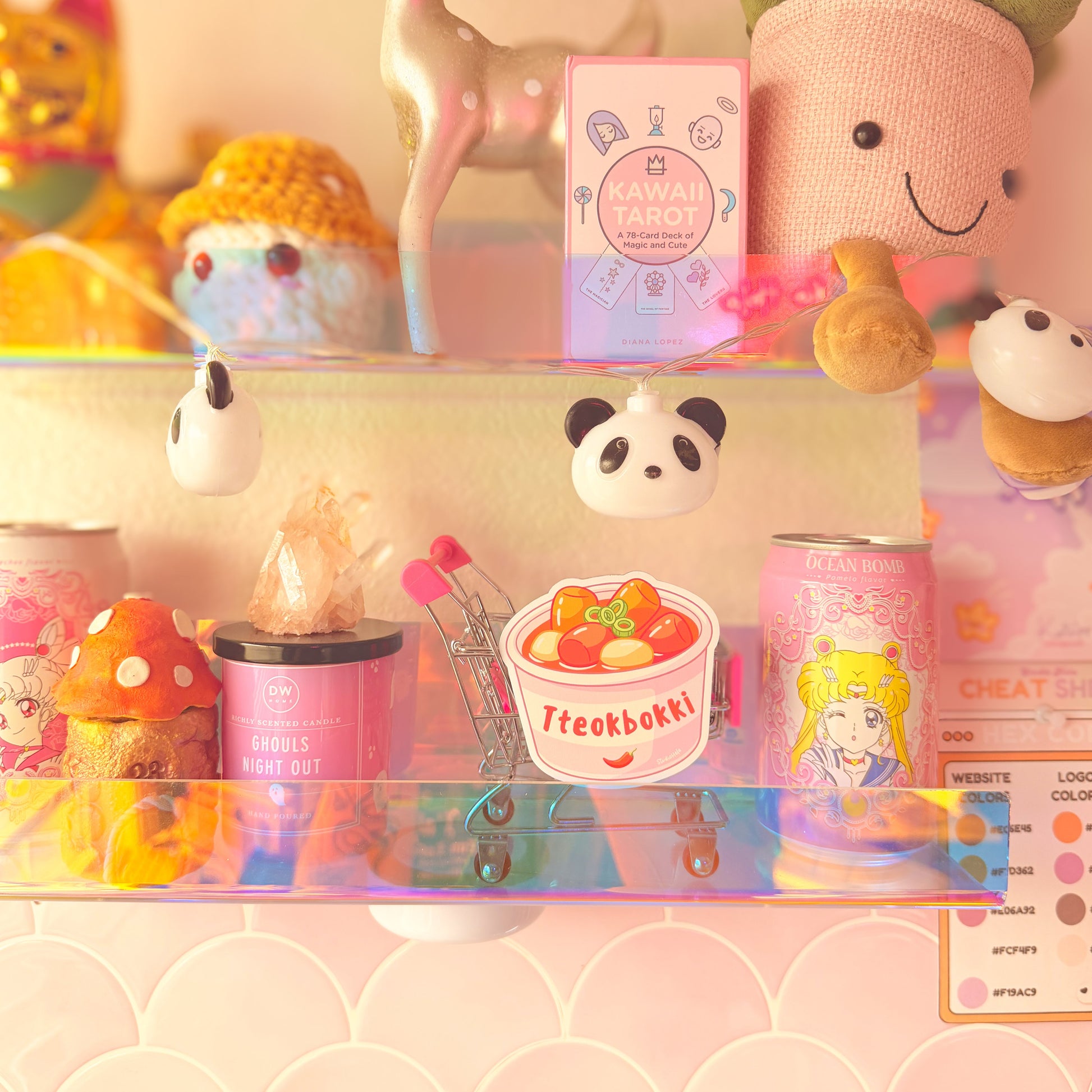 Colorful product display with cartoon-themed items on a pink background