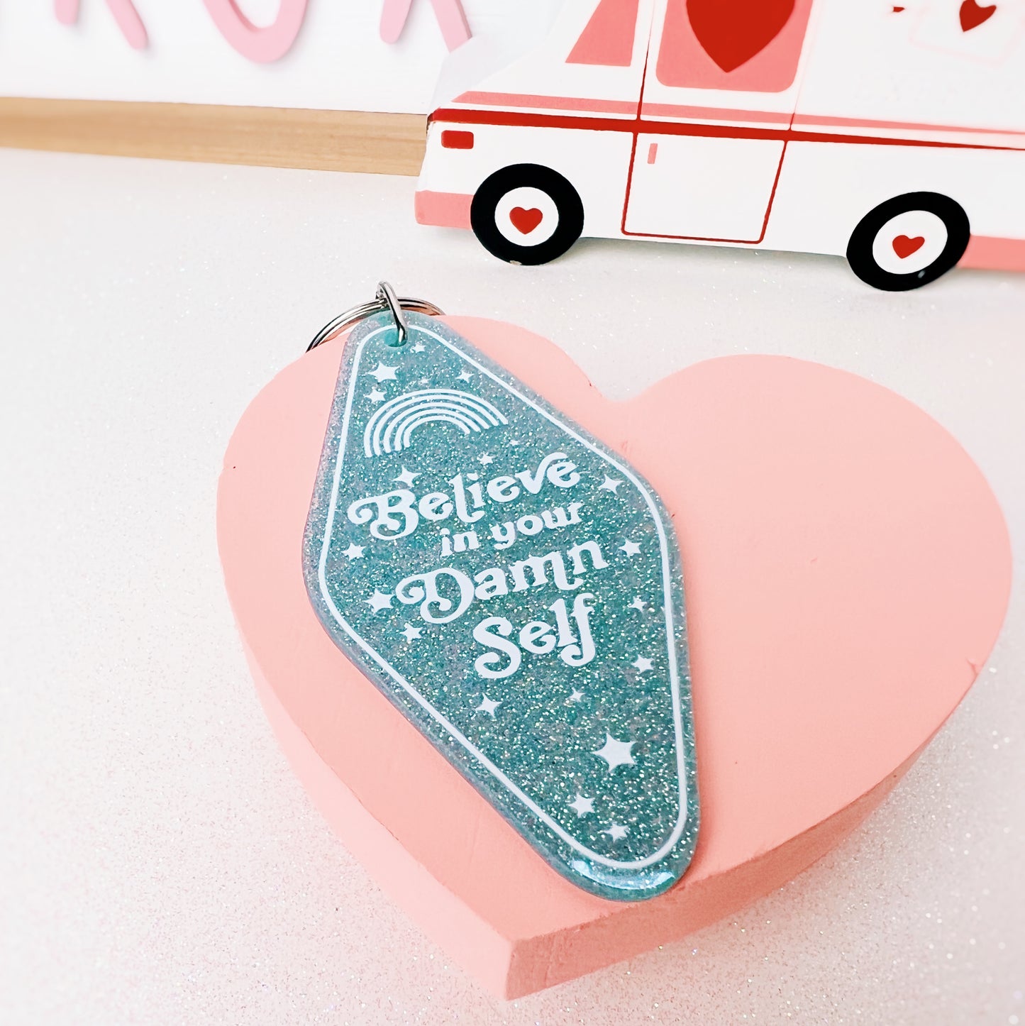 Retro Motel Style Believe in Your Damn Self Keychain