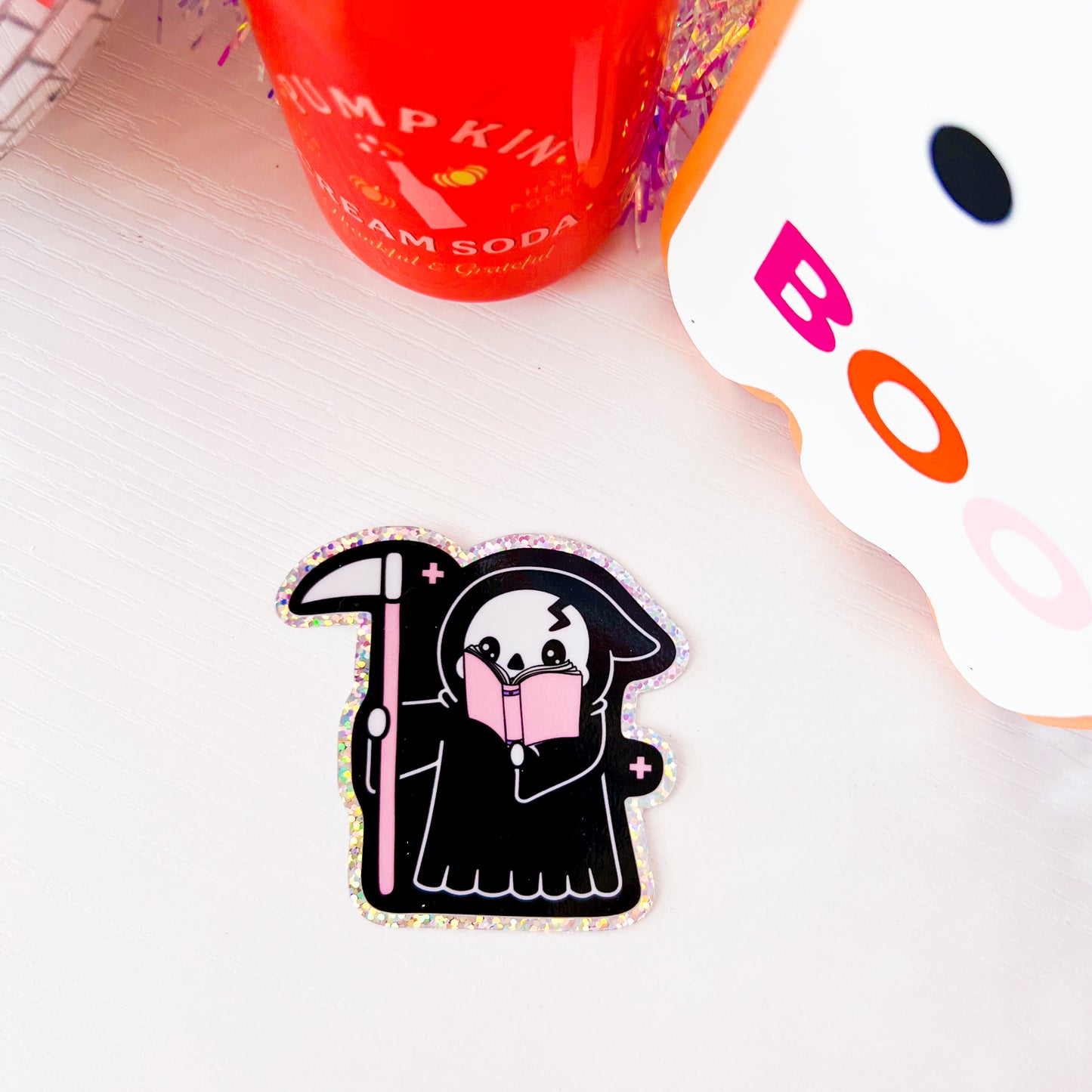 Grim Reaper Reading - 3" Vinyl Glitter Sticker