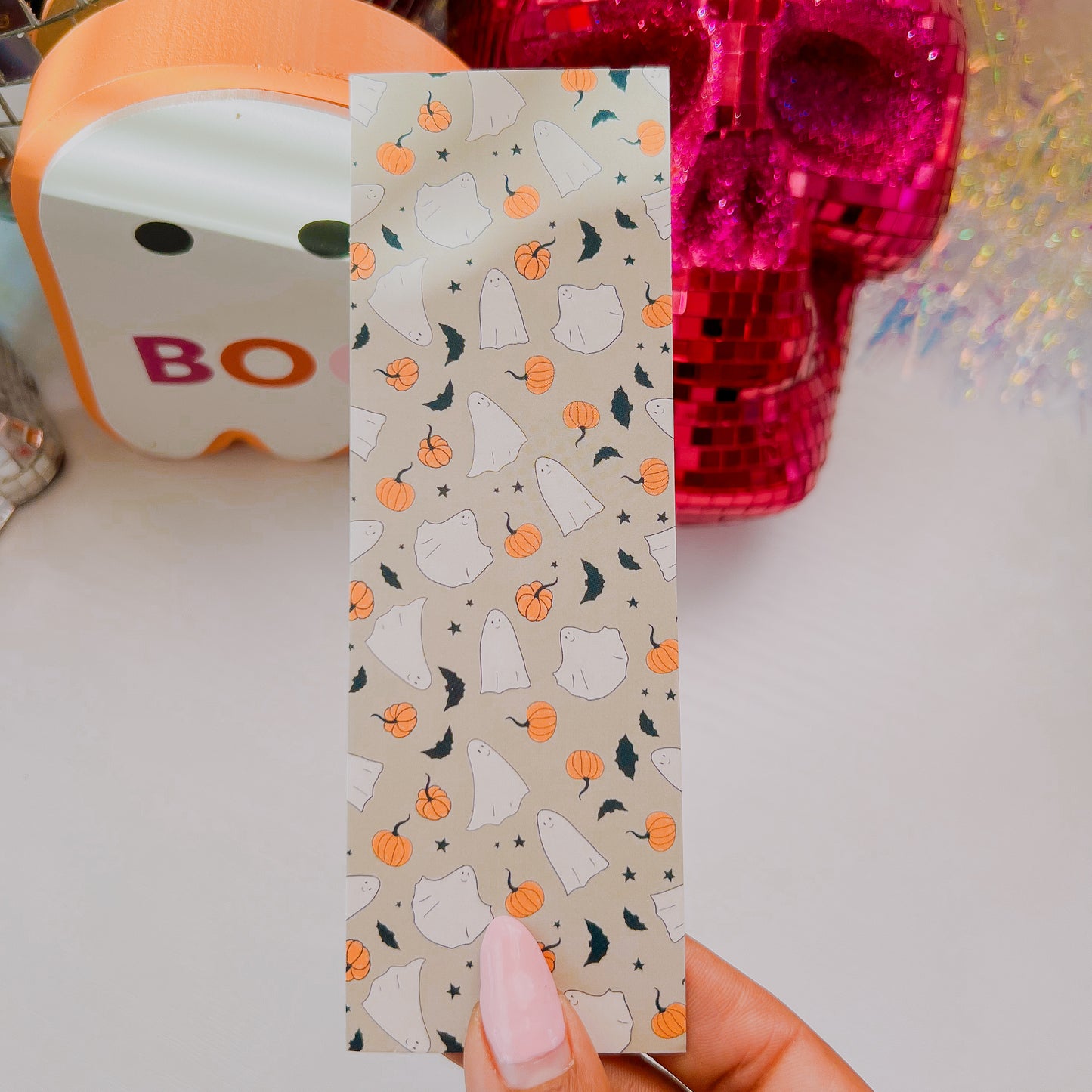 Sage Ghost and Pumpkin Halloween Cardstock Bookmark